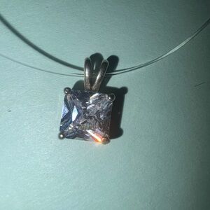 VTG Silver Tone Princess Cut Solitaire Cubic Zirconia CT On Invisible Necklace